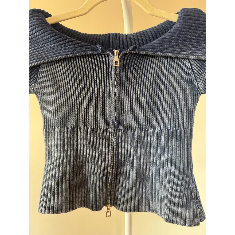 Double Zipper Crop Knit Sweater Wide Collar Off Shoulder- XS Y2K Model Off Duty - Picture 8 of 8